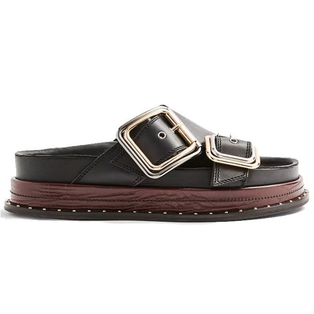 Topshop Black Leather Double-Buckle Slide Sandals with Brown Platform